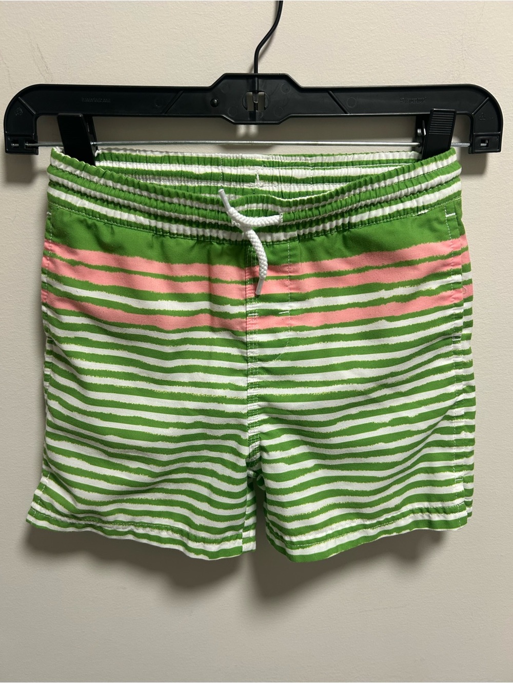 The Beaufort Bonnet Company Green, Pink and White Striped Kids Swim Trunks